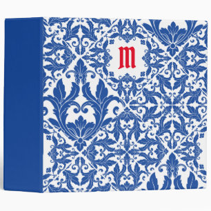 Elegant vintage damask navy Blue yellow monogram Binder