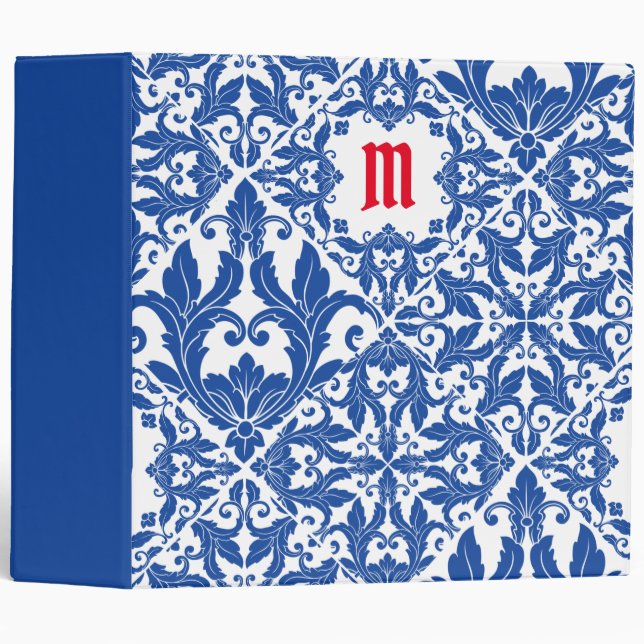 Elegant vintage damask navy Blue yellow monogram Binder (Front/Spine)