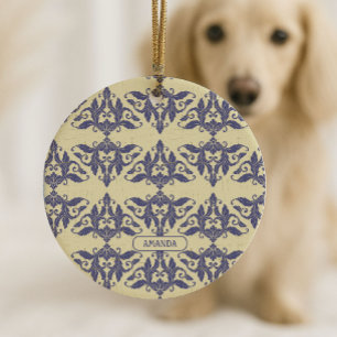 Elegant vintage damask navy Blue yellow monogram Ceramic Ornament