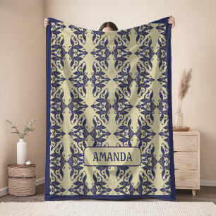 Elegant vintage damask navy Blue yellow monogram Fleece Blanket