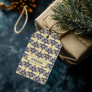 Elegant vintage damask navy Blue yellow monogram Gift Tags