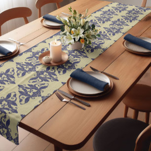 Elegant vintage damask navy Blue yellow monogram Short Table Runner