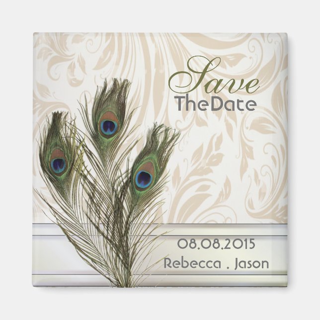 elegant vintage damask peacock save the date magnet (Front)
