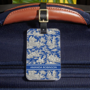 Elegant vintage dark blue toile de jouy luggage tag