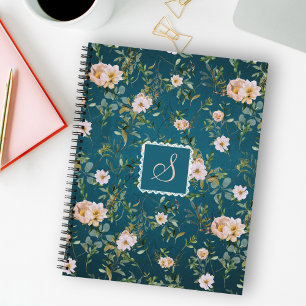 Elegant Vintage Dark Cyan Floral Monogram Pattern  Notebook