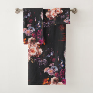 Elegant Vintage Dark Moody Burgundy Floral  Bath Towel Set