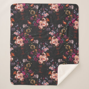 Elegant Vintage Dark Moody Burgundy Floral  Sherpa Blanket