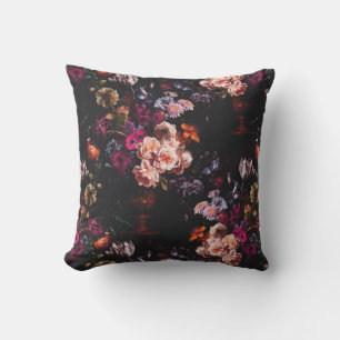Elegant Vintage Dark Moody Burgundy Floral  Throw Pillow