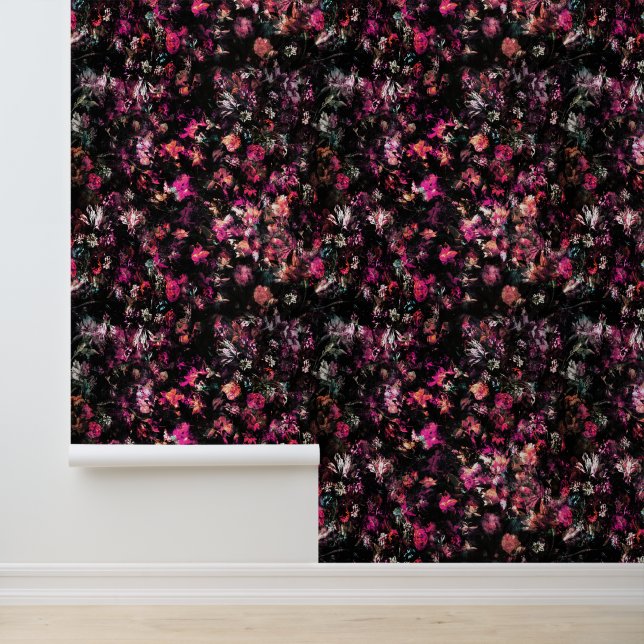 Elegant Vintage Dark Moody Burgundy Floral  Wallpaper (Application)