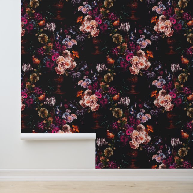 Elegant Vintage Dark Moody Burgundy Floral  Wallpaper (Application)