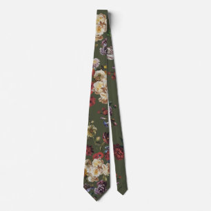 Elegant Vintage Dark Moody Floral on Olive Green Tie
