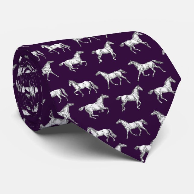 Elegant Vintage Dark Purple Galloping Horses Tie (Rolled)