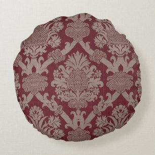 Elegant Vintage Dark Red Beige Damask Weave Round Pillow