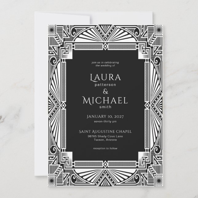 Elégant Vintage Déco noir blanc Invitation (Devant)