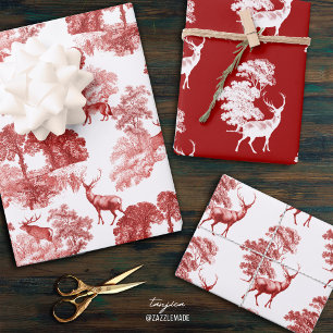 Elegant Vintage Deer in Woodland Red Toile Pattern Wrapping Paper Sheet