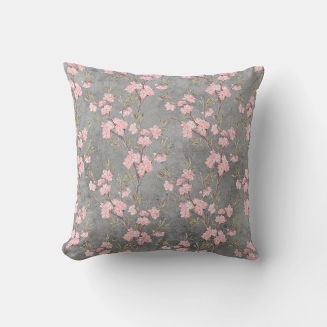 Elegant Vintage Delicate Pink Flowers Grey Throw Pillow (Front)