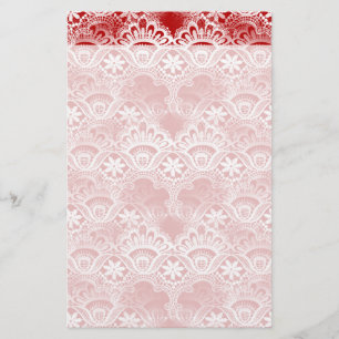 Elegant Vintage Distressed Red White Lace Damask Stationery