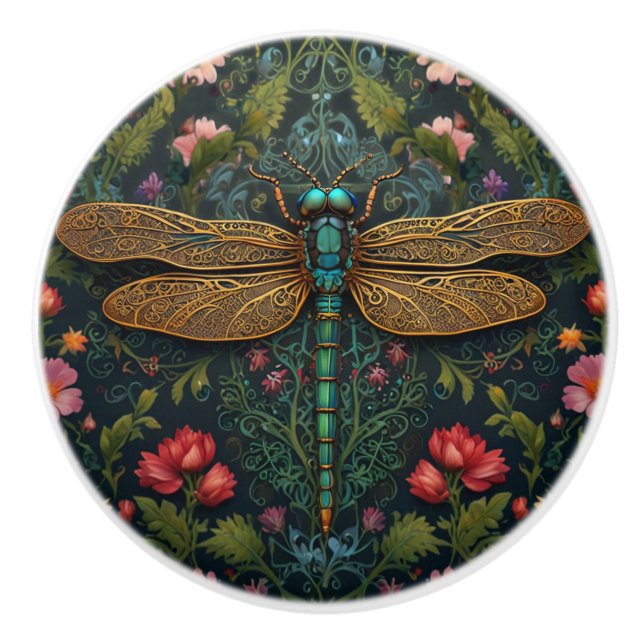 Elegant Vintage dragonfly boho botanical  Ceramic Knob (Front)