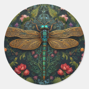 Elegant Vintage dragonfly boho botanical  Classic Round Sticker