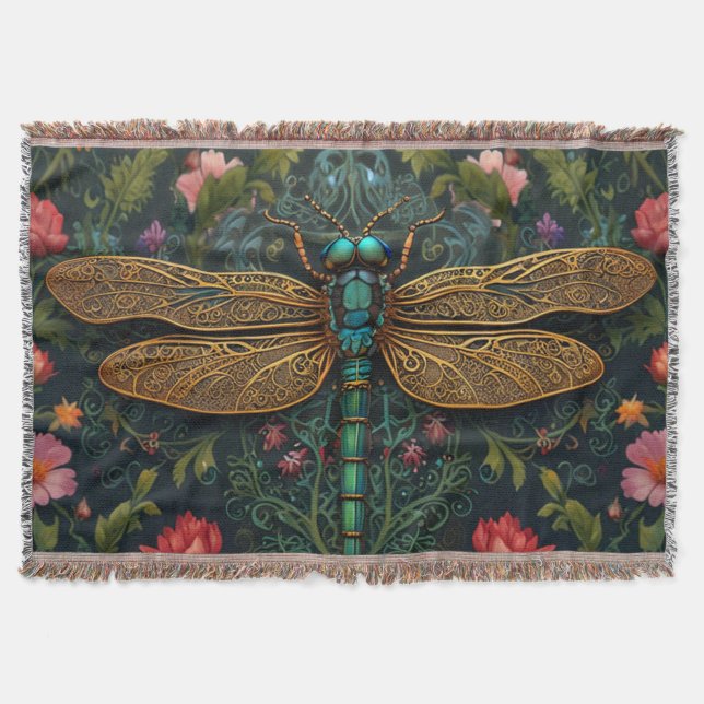 Elegant Vintage dragonfly boho botanical  Throw Blanket (Front)