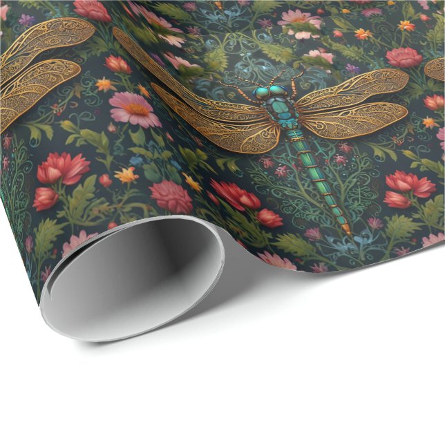 Elegant Vintage dragonfly boho botanical  Wrapping Paper (Roll Corner)
