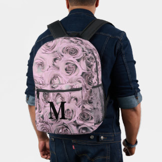 Elegant Vintage Drawing of pink black grey roses Printed Backpack