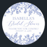 Elegant Vintage Dusty Blue Floral Bridal Shower Classic Round Sticker<br><div class="desc">Add a touch of vintage elegance to your bridal shower favours with the Elegant Vintage Dusty Blue Floral Bridal Shower Stickers. These stickers feature a charming dusty blue floral design that exudes timeless sophistication. Whether you're sealing envelopes, decorating favour bags, or adding a special touch to various items, these stickers...</div>