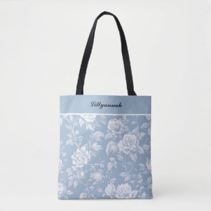Elegant Vintage Dusty Blue Floral Toile Luxe Tote Bag