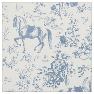 Elegant Vintage Dusty Blue Horse Floral Toile Fabric