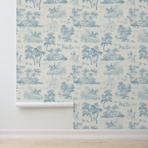 Elegant Vintage Dusty Blue Horse Hunting Toile Wallpaper