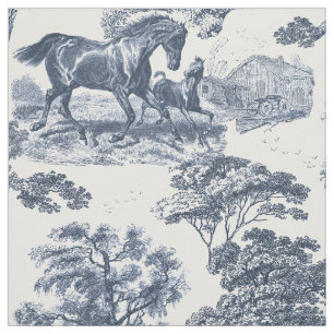 Elegant Vintage Dusty Blue Horse Toile Fabric