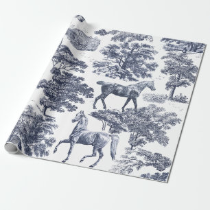 Elegant Vintage Dusty Blue Horses in Woods Toile Wrapping Paper
