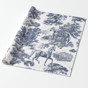 Elegant Vintage Dusty Blue Horses in Woods Toile Wrapping Paper