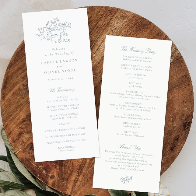 Elegant Vintage Dusty Blue Script Wedding Program (Creator Uploaded)