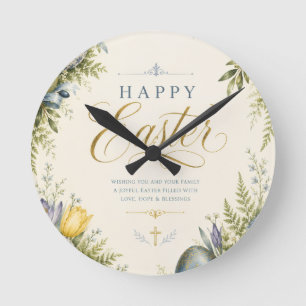 Elegant Vintage Easter Egg Greeting and Pastel  Round Clock
