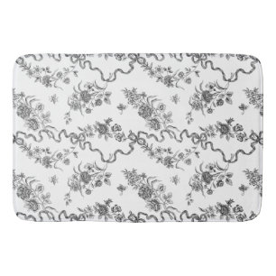 Elegant Vintage Engraved Black Roses and Ribbons Bath Mat