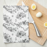 Elegant Vintage Engraved Black Roses and Ribbons Kitchen Towel<br><div class="desc">Elegant and romantic black engraved vintage roses,  flowers,  vines,  leaves and butterflies with ribbons and bows intertwined on a white background.</div>