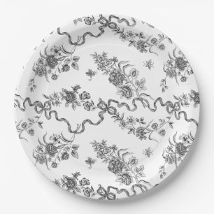 Elegant Vintage Engraved Black Roses and Ribbons Paper Plate