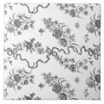 Elegant Vintage Engraved Black Roses and Ribbons Tile<br><div class="desc">Elegant and romantic black engraved vintage roses,  flowers,  vines,  leaves and butterflies with ribbons and bows intertwined on a white background.</div>