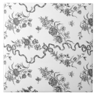 Elegant Vintage Engraved Black Roses and Ribbons Tile