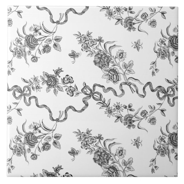 Elegant Vintage Engraved Black Roses and Ribbons Tile (Front)