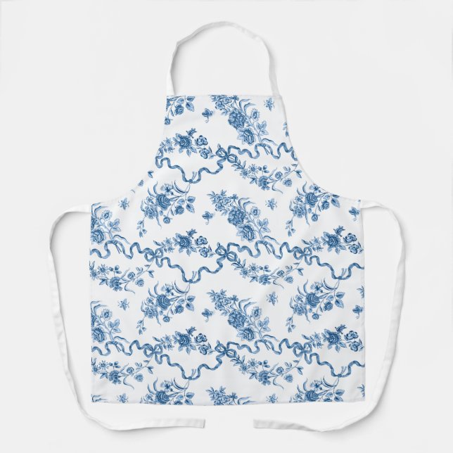 Elegant Vintage Engraved Blue Roses and Ribbons Apron (Front)