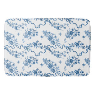 Elegant Vintage Engraved Blue Roses and Ribbons Bath Mat