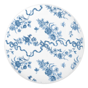 Elegant Vintage Engraved Blue Roses and Ribbons Ceramic Knob