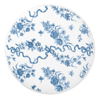 Elegant Vintage Engraved Blue Roses and Ribbons Ceramic Knob