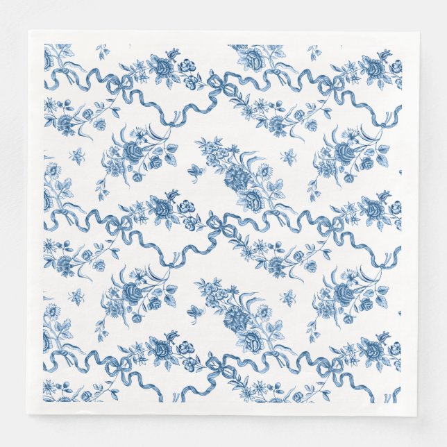 Elegant Vintage Engraved Blue Roses and Ribbons Napkin (Front)