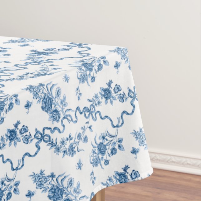 Elegant Vintage Engraved Blue Roses and Ribbons Tablecloth (In Situ)