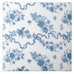 Elegant Vintage Engraved Blue Roses and Ribbons Tile<br><div class="desc">Elegant and romantic blue engraved vintage roses,  flowers,  vines,  leaves and butterflies with ribbons and bows intertwined on a white background.</div>