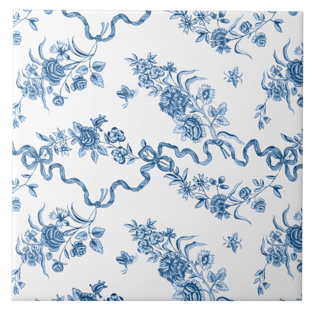 Elegant Vintage Engraved Blue Roses and Ribbons Tile (Front)