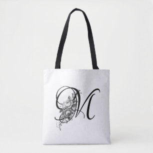 Elegant Vintage Engraved Floral Monogram Tote Bag